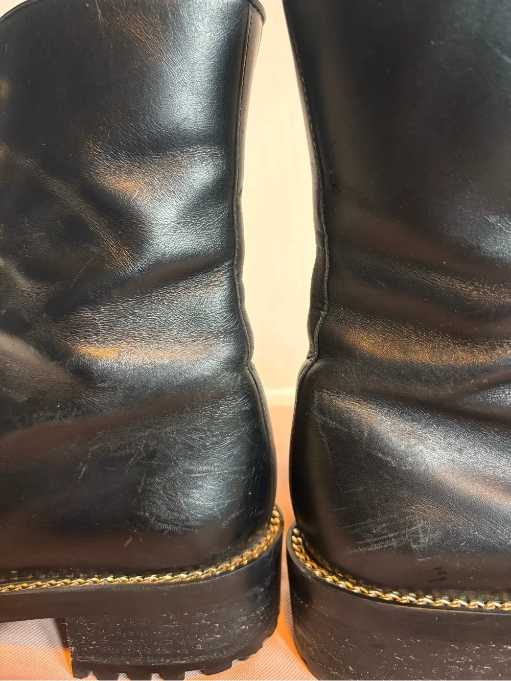 Stuart Weitzman Laine Black Leather Combat Boots Size 7.5 Gold Hardware